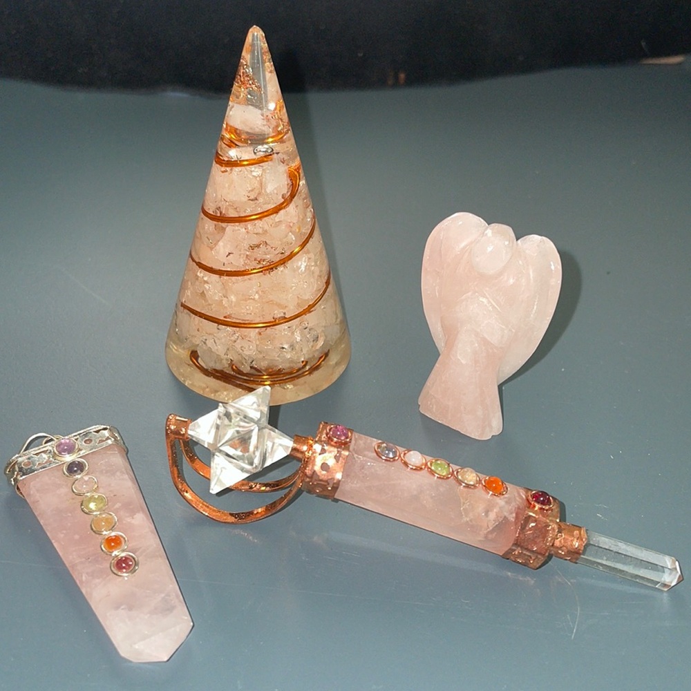 Rose Quartz Angel, Chakra Pendant, Chakra Merkaba Spinning Wand & Orgone Cone
